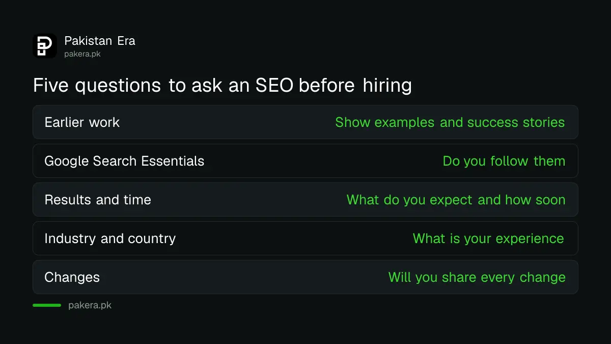 Table of five questions to ask an SEO agency in Pakistan and the warning sign in each answer