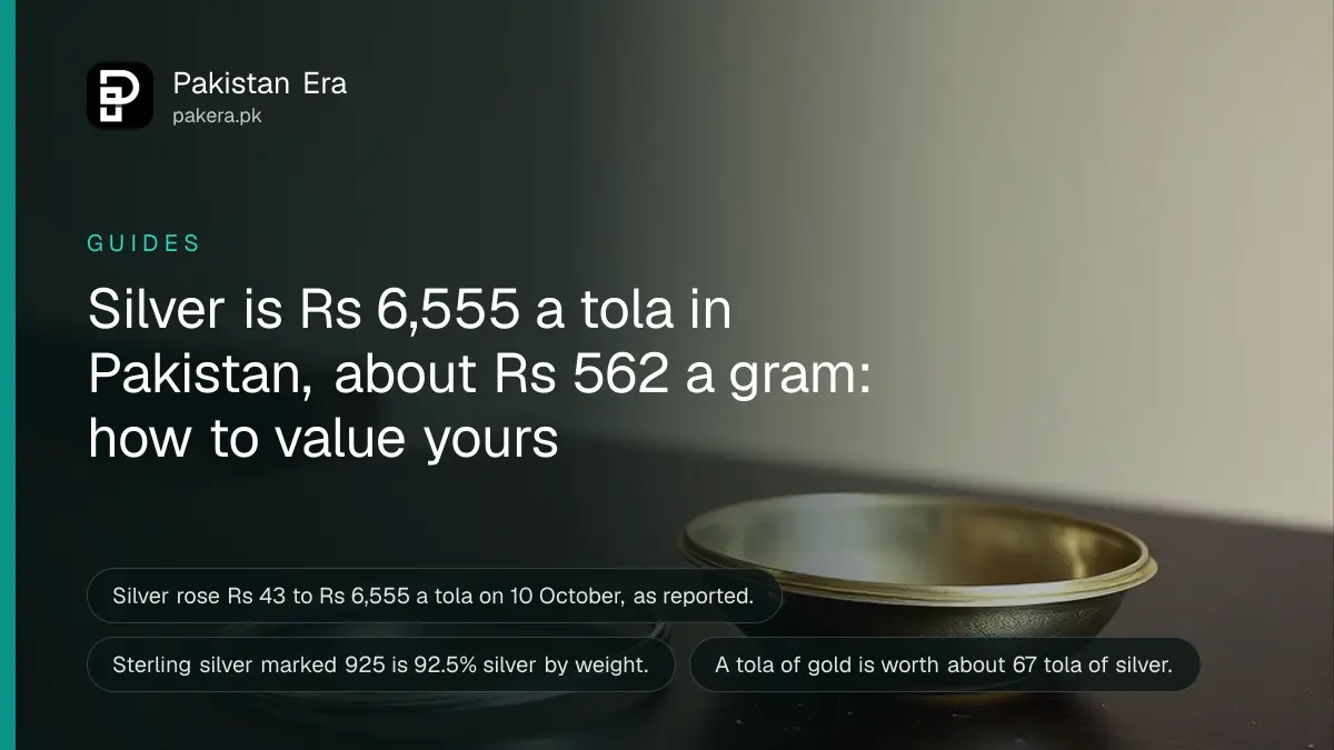 Silver bangles and a brass weighing pan on a dark table, for a guide to the silver rate per tola in Pakistan