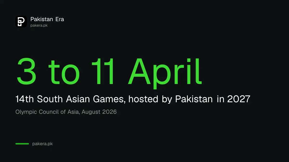 The nine day dates of the 14th South Asian Games hosted by Pakistan in April 2027