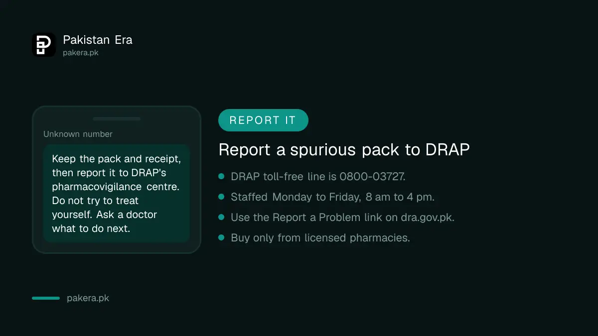 How to report a spurious medicine pack to DRAP in Pakistan