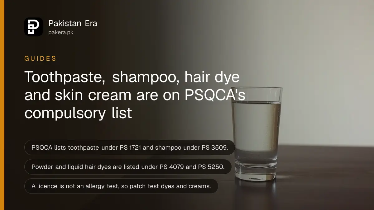 A glass of water on a dark wooden table, for a guide to checking PSQCA licences on toothpaste, shampoo and hair dye in Pakistan