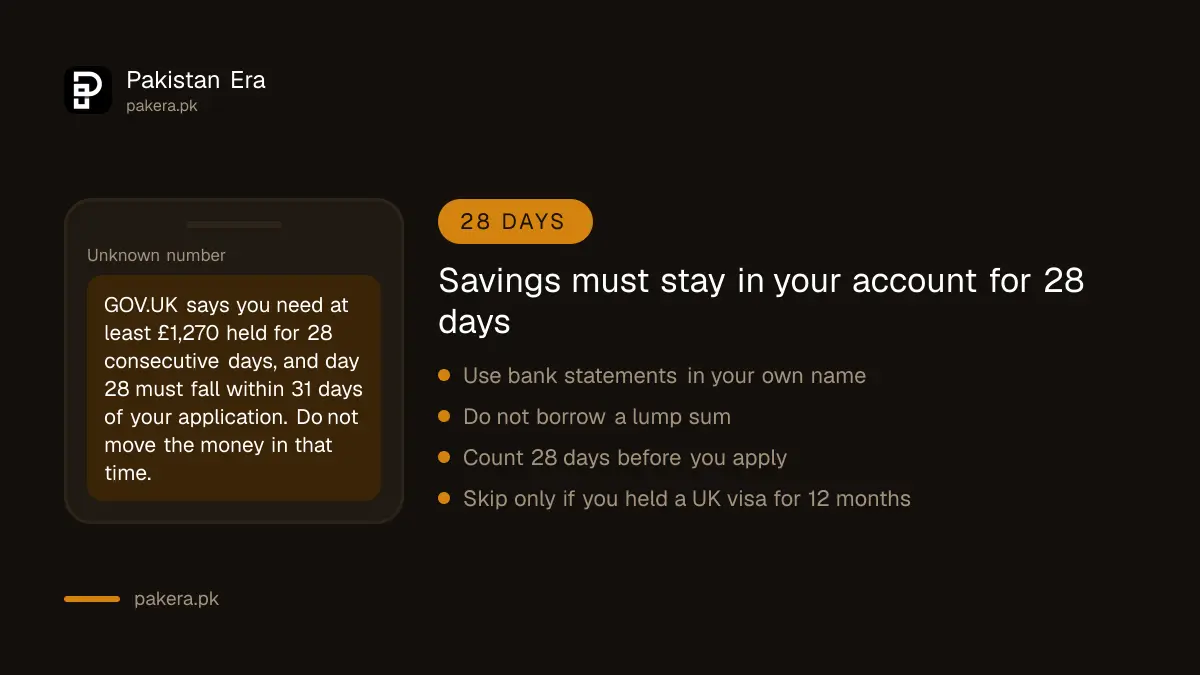 Savings rule of 1,270 pounds held for 28 days for the UK HPI visa