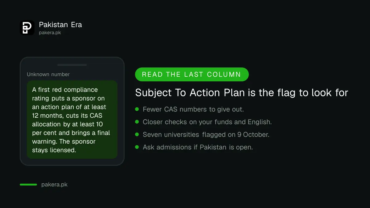 Warning card explaining what Subject To Action Plan means on the UK register of student sponsors
