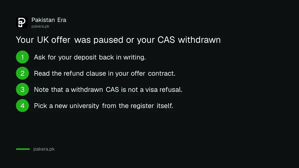 What a Pakistani student should do when a UK university withdraws a CAS or pauses an offer