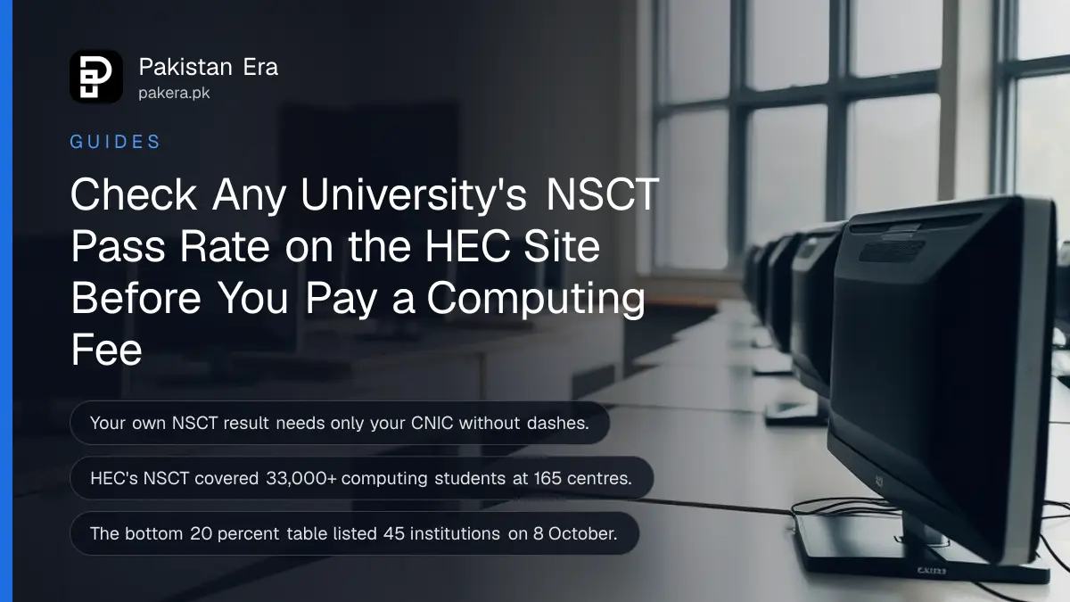 An empty university computer lab in Pakistan with rows of desktop computers on tidy desks in daylight