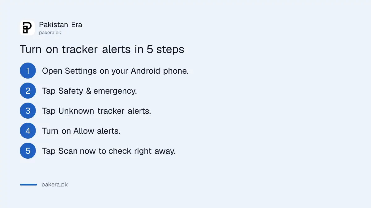 Steps to turn on unknown tracker alerts on an Android phone in Pakistan