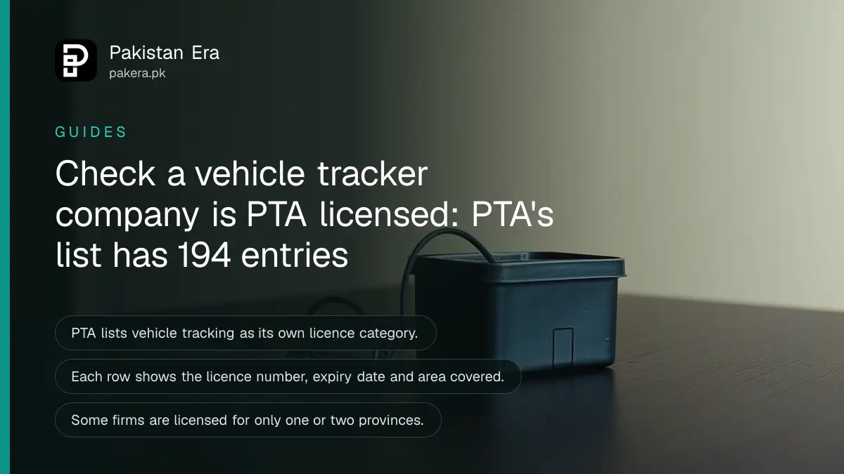 A small black box with a coiled wire on a dark wooden table, for a guide to checking a vehicle tracker company in Pakistan