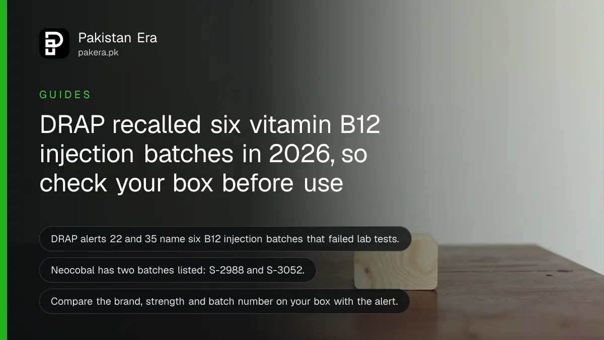 A plain wooden block on a dark wooden table, for a guide to DRAP vitamin B12 injection recall alerts in Pakistan
