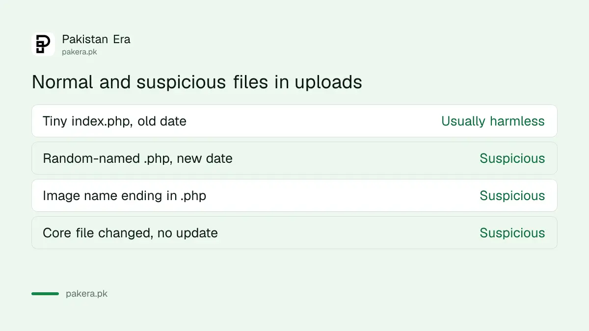 Which PHP files in an uploads folder are normal and which are suspicious