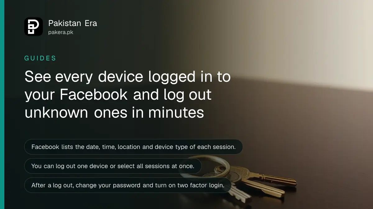 Three brass keys on a dark wooden table, for a guide on checking Facebook logins in Pakistan