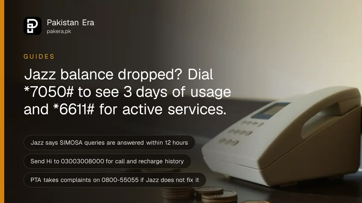 A basic mobile phone and a plain scratch card on a wooden shop counter in Pakistan