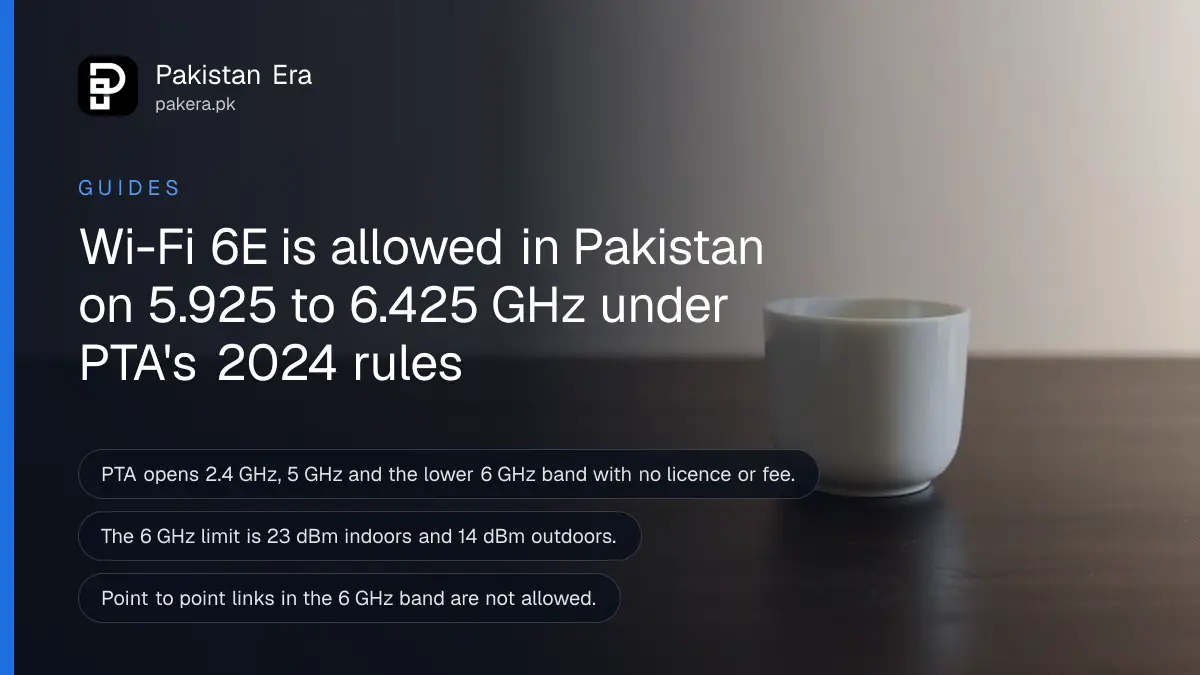 A ceramic cup on a dark wooden table, for an article on whether Wi-Fi 6E and 6 GHz are allowed in Pakistan