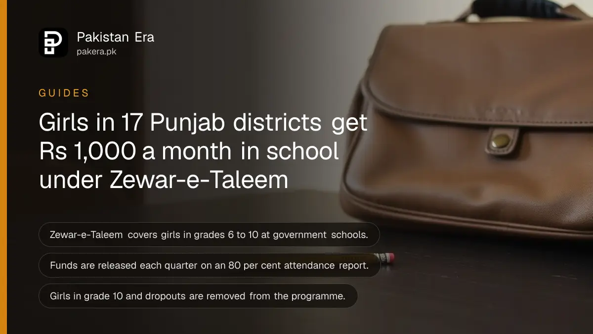 A wooden school desk and a pencil against a plain wall, for a guide to the Zewar-e-Taleem stipend in Punjab