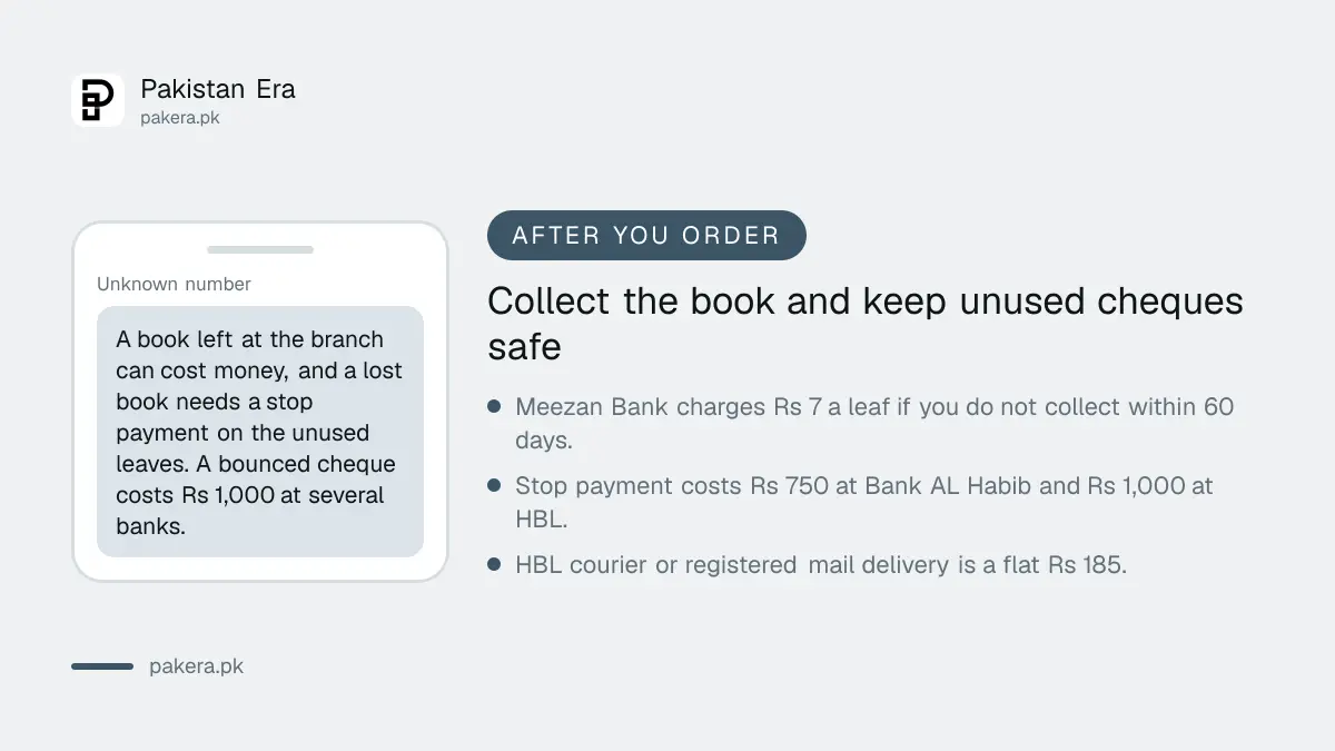 Reminder to collect a cheque book within 60 days and to keep unused cheques safe