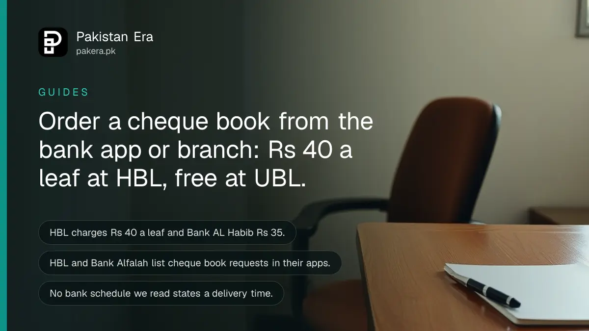 A wooden desk with a pen and a closed notebook beside a window in an Islamabad office