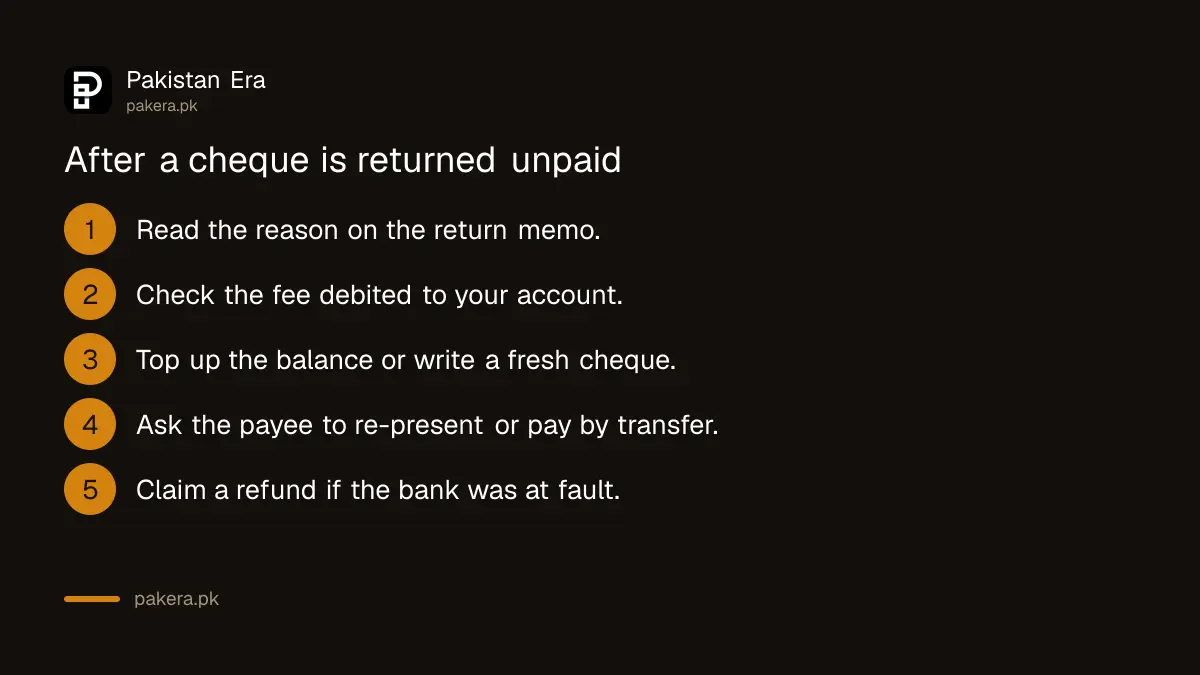 Steps to take after a cheque is returned unpaid in Pakistan