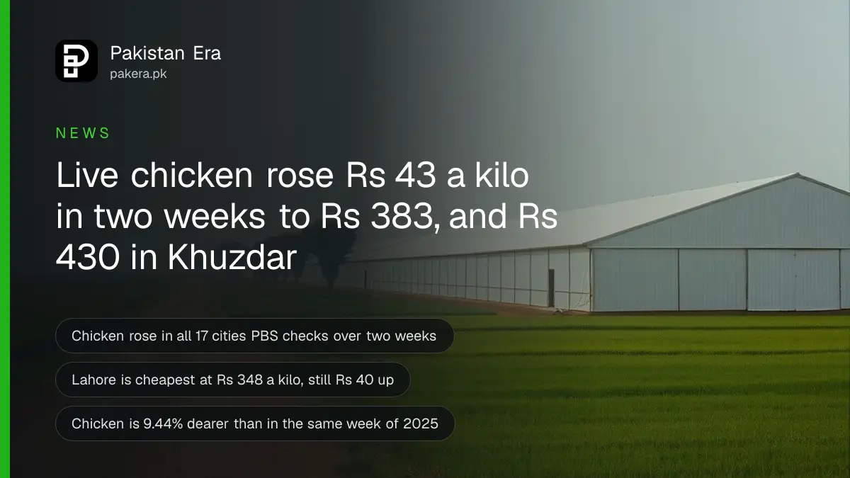 A long poultry farm shed seen from far away among green fields near Multan, under a soft morning sky