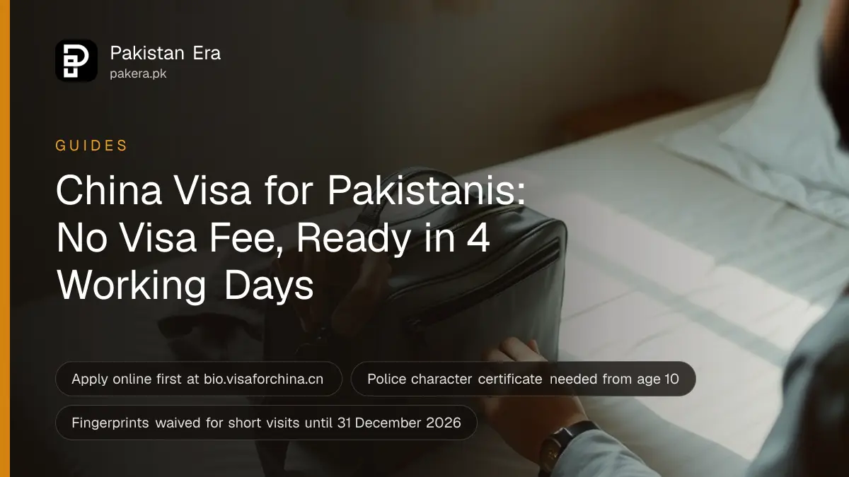 A traveller's hands holding a closed passport beside a packed suitcase at an Islamabad home before a trip to China