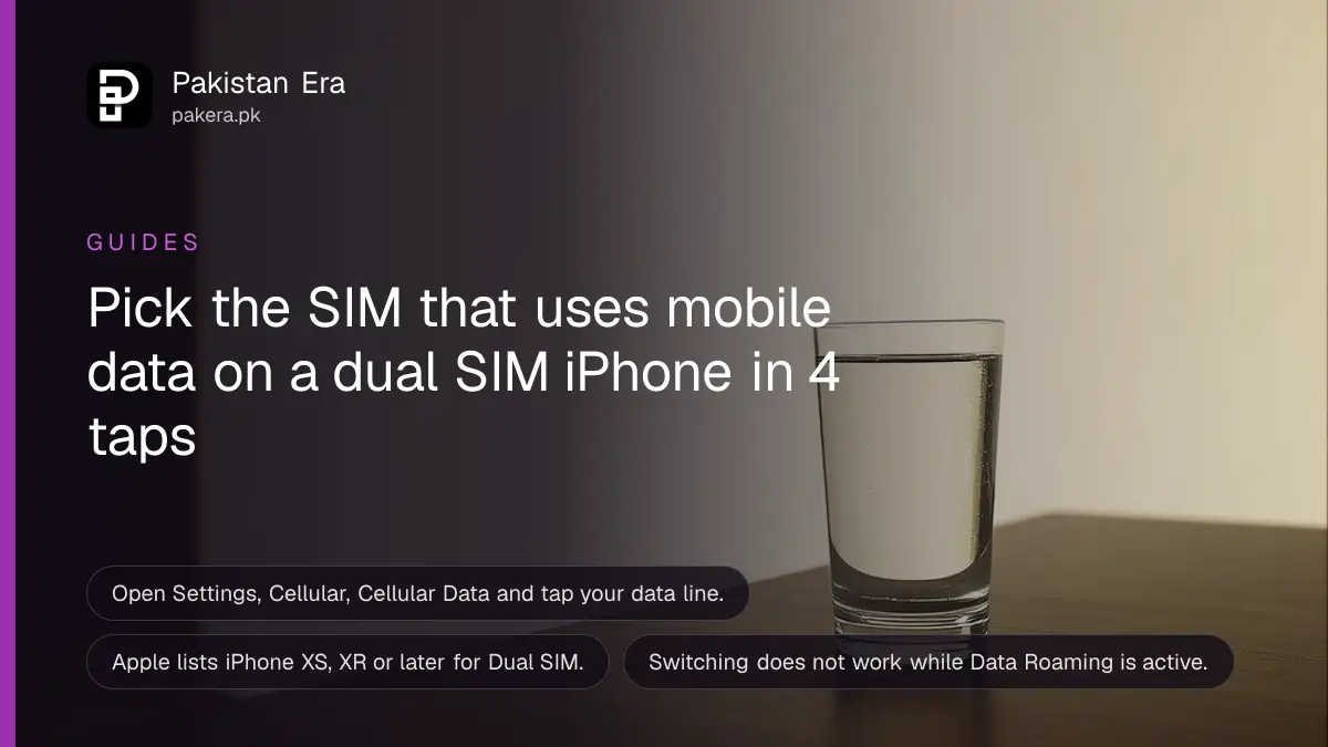 A glass of water on a dark wooden table, for a guide to choosing the data SIM on a dual SIM iPhone in Pakistan