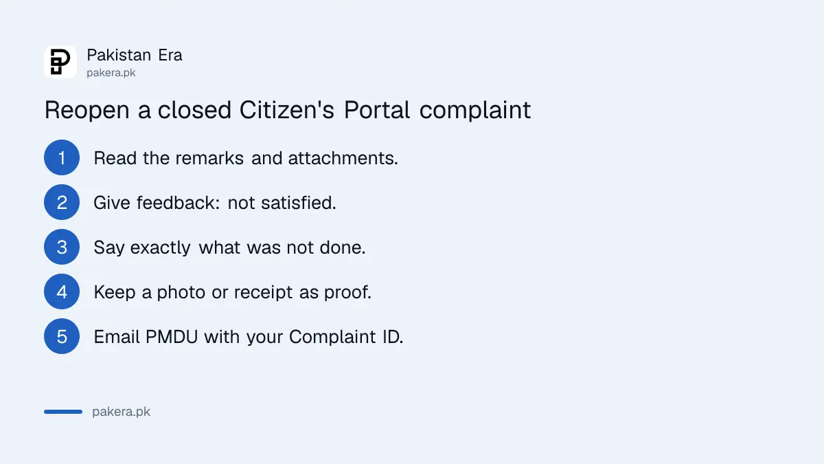Steps to reopen a closed Pakistan Citizen's Portal complaint through feedback and PMDU
