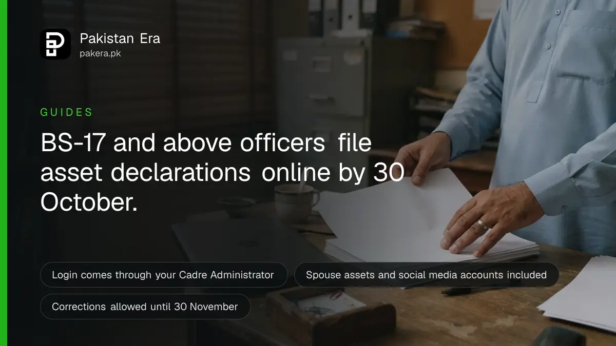 A government officer sorting papers at a desk in an Islamabad office before filing an asset declaration