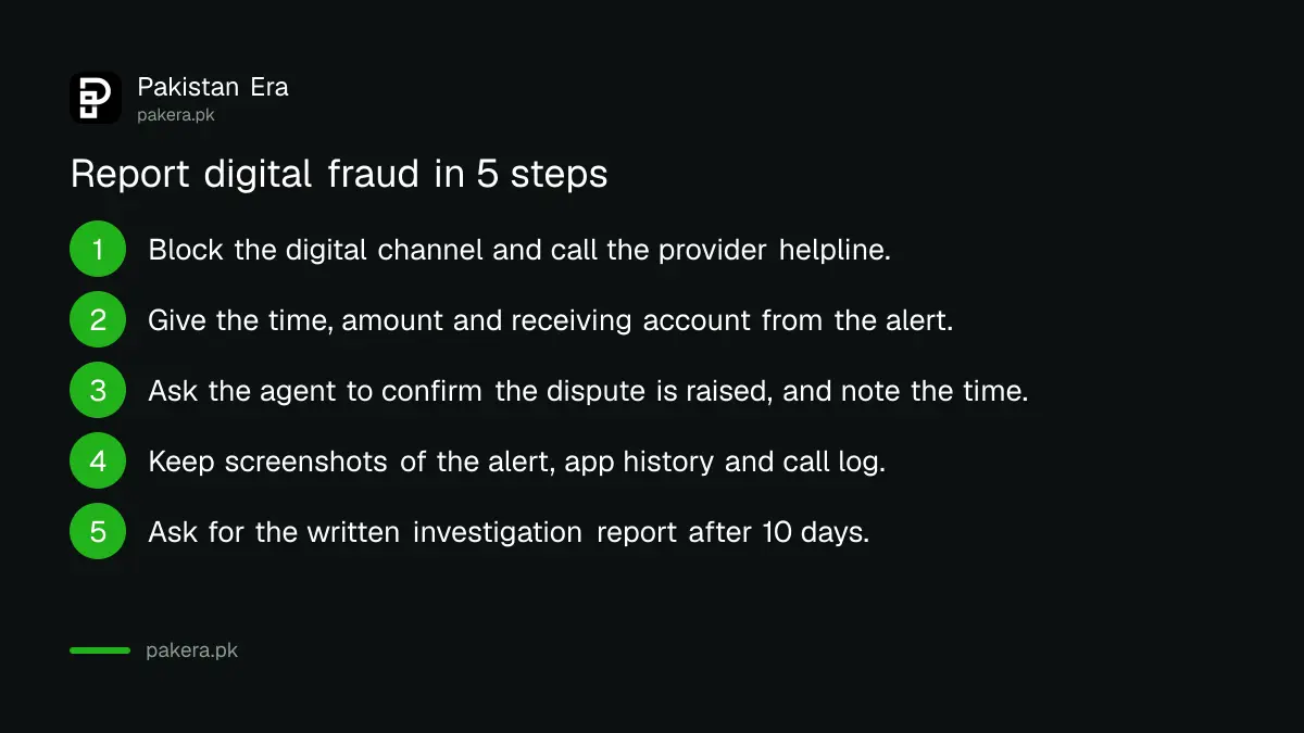 Five steps to report digital fraud to your bank or wallet provider in Pakistan