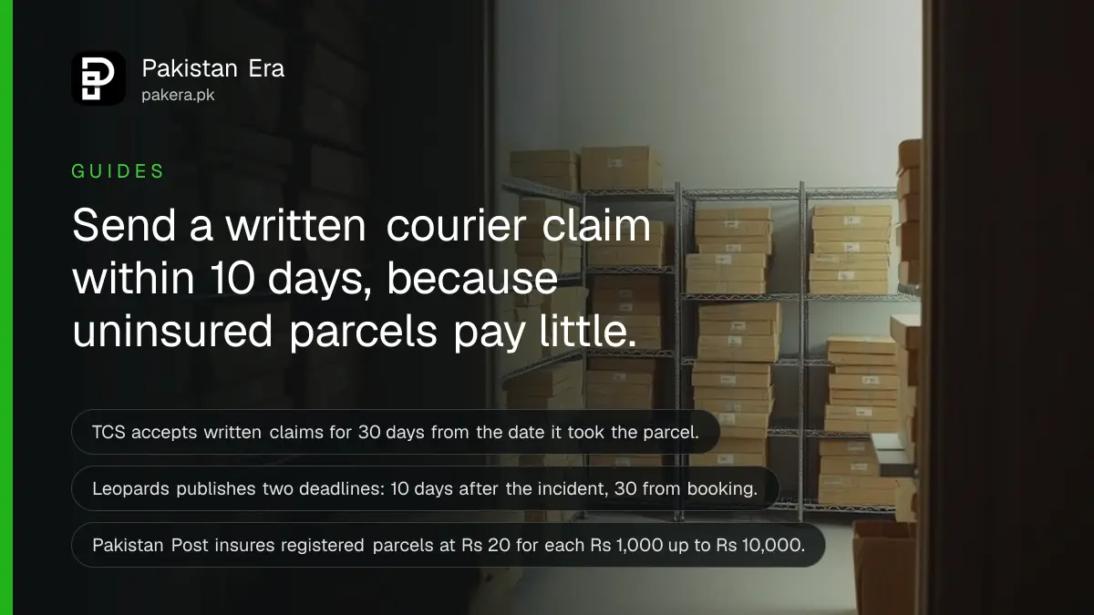 Stacked cardboard parcels on shelves inside a courier branch in Lahore seen from the doorway
