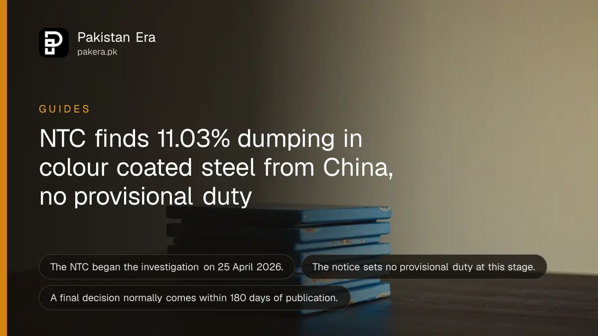 A small stack of blue painted metal tiles on a dark wooden table, for an explainer on colour coated steel anti-dumping in Pakistan