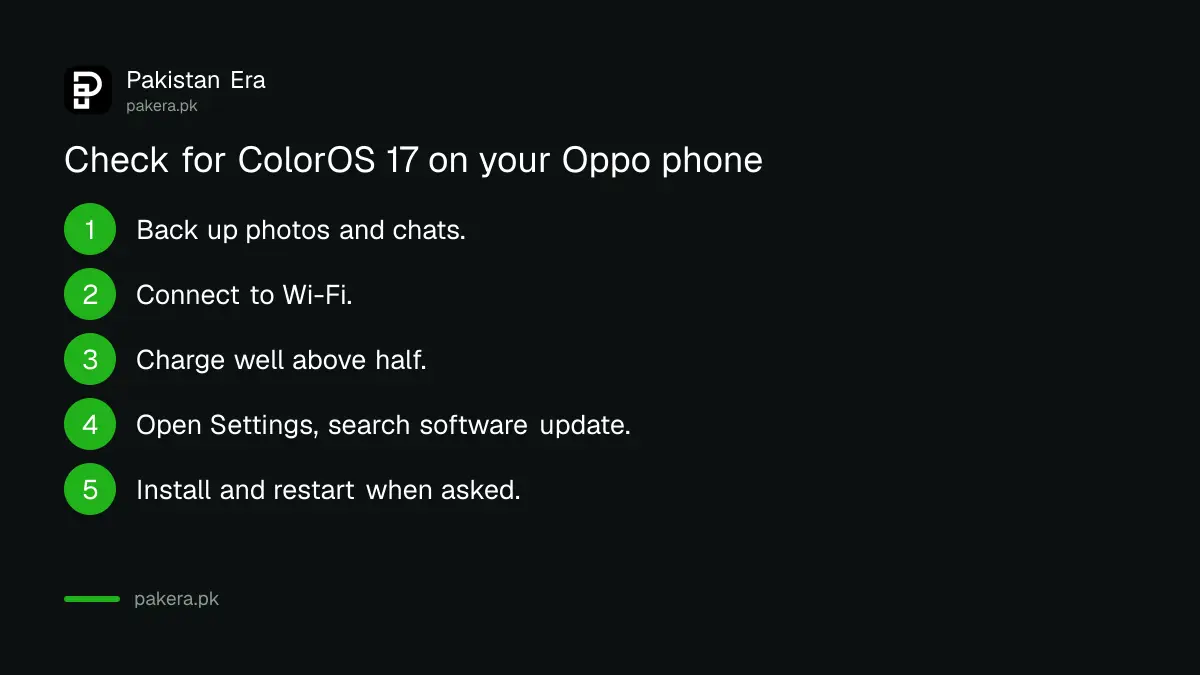 Five steps to check for the ColorOS 17 update on an Oppo phone