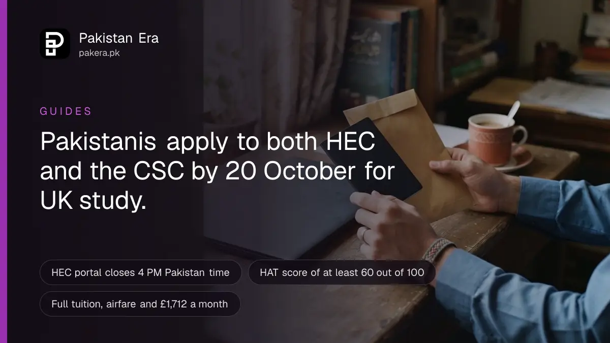 A student's hands holding a passport and a sealed envelope over a desk in Islamabad while preparing a scholarship application
