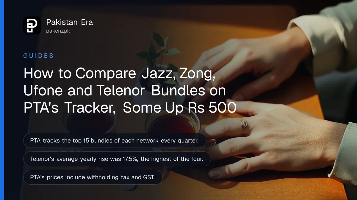 Two hands holding smartphones side by side over a table, comparing mobile packages in Pakistan