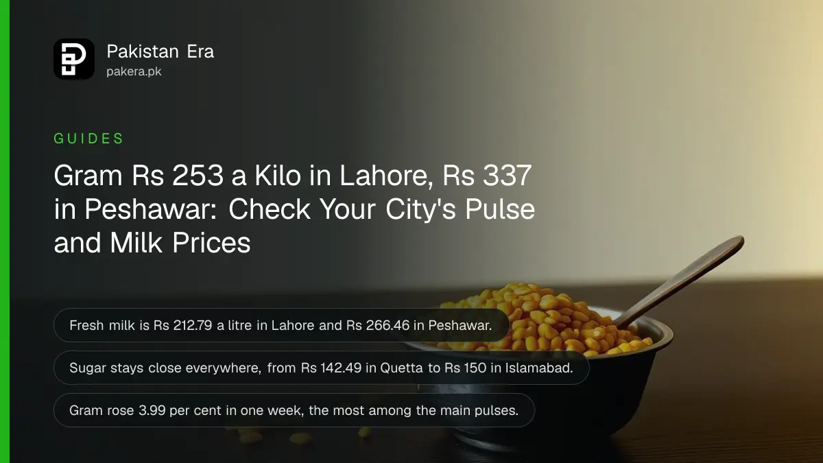 A steel bowl of yellow lentils and a wooden spoon on a dark wooden table, for a guide to pulse and milk prices by city in Pakistan