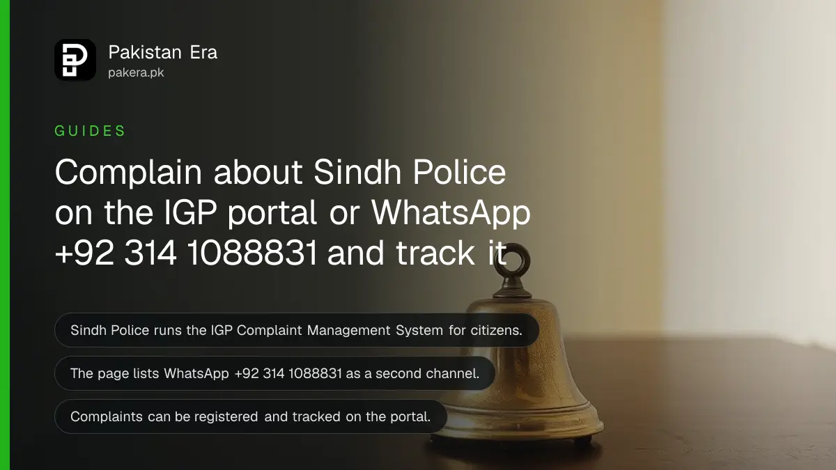 A small brass bell on a dark wooden table, for a guide to complaining against Sindh Police