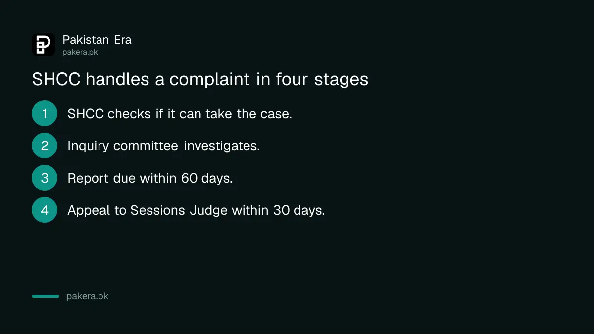 Four stages of a Sindh Healthcare Commission complaint, from first check to appeal