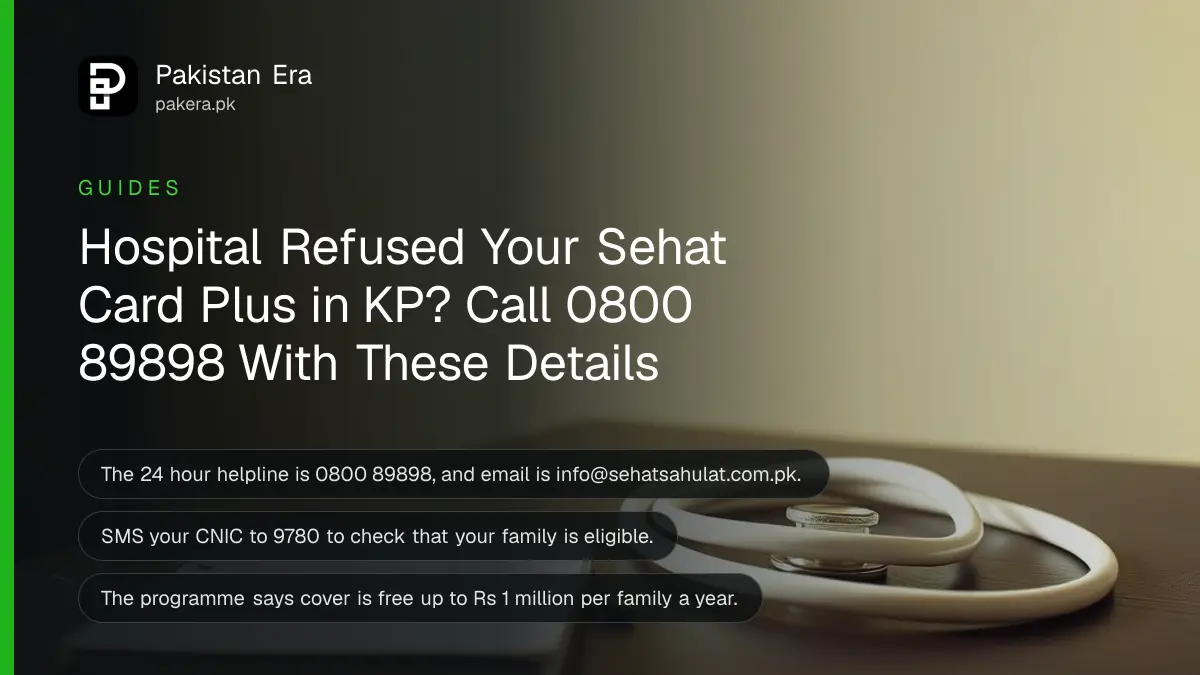 A white stethoscope beside a small notebook on a wooden table, for a guide on complaining about a Sehat Card Plus hospital in Khyber Pakhtunkhwa