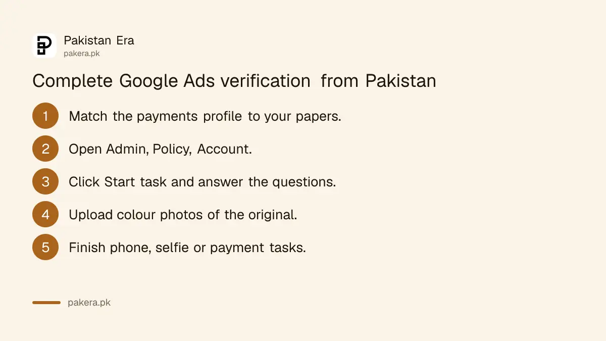 Seven steps to complete Google Ads advertiser verification from Pakistan