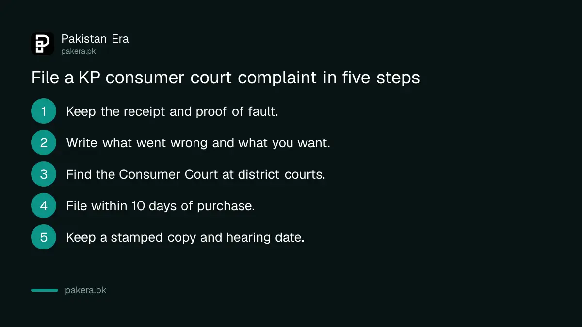Five steps to file a consumer court complaint in Khyber Pakhtunkhwa, from keeping the receipt to filing within 10 days
