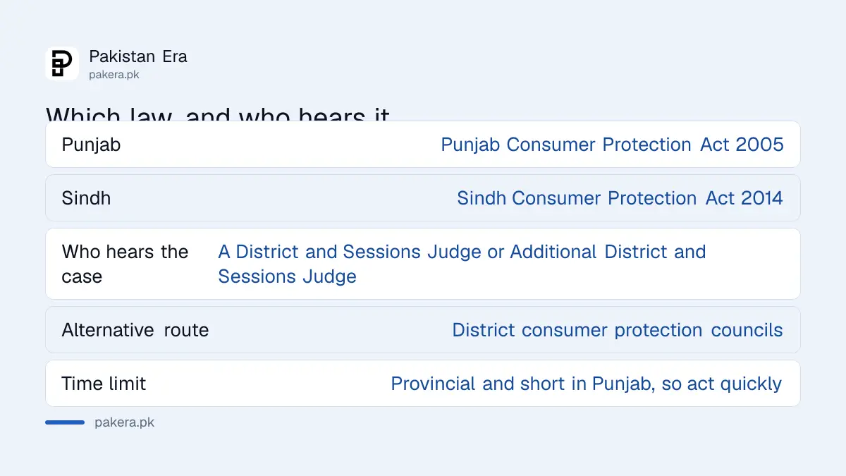 Which consumer protection law applies in Pakistan and who hears the case