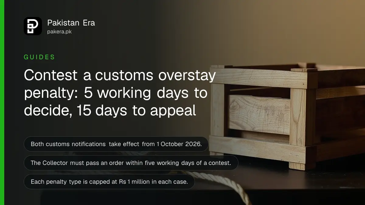 A small wooden shipping crate and a coil of rope on a dark wooden table, for a guide on contesting overstayed cargo penalties in Pakistan customs