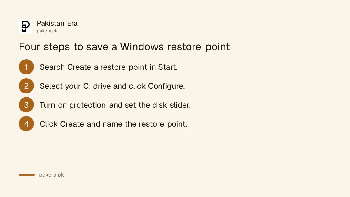 Four steps to turn on system protection and create a restore point in Windows