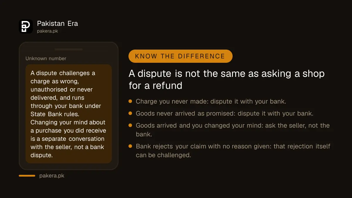 Warning graphic distinguishing a genuine credit card dispute from a simple change of mind about a purchase