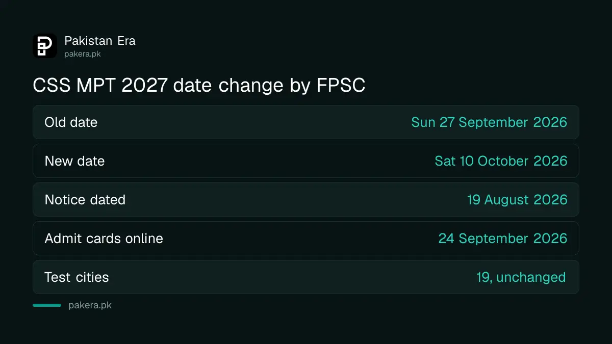 Old and new CSS MPT 2027 dates from the FPSC notice of 19 August 2026