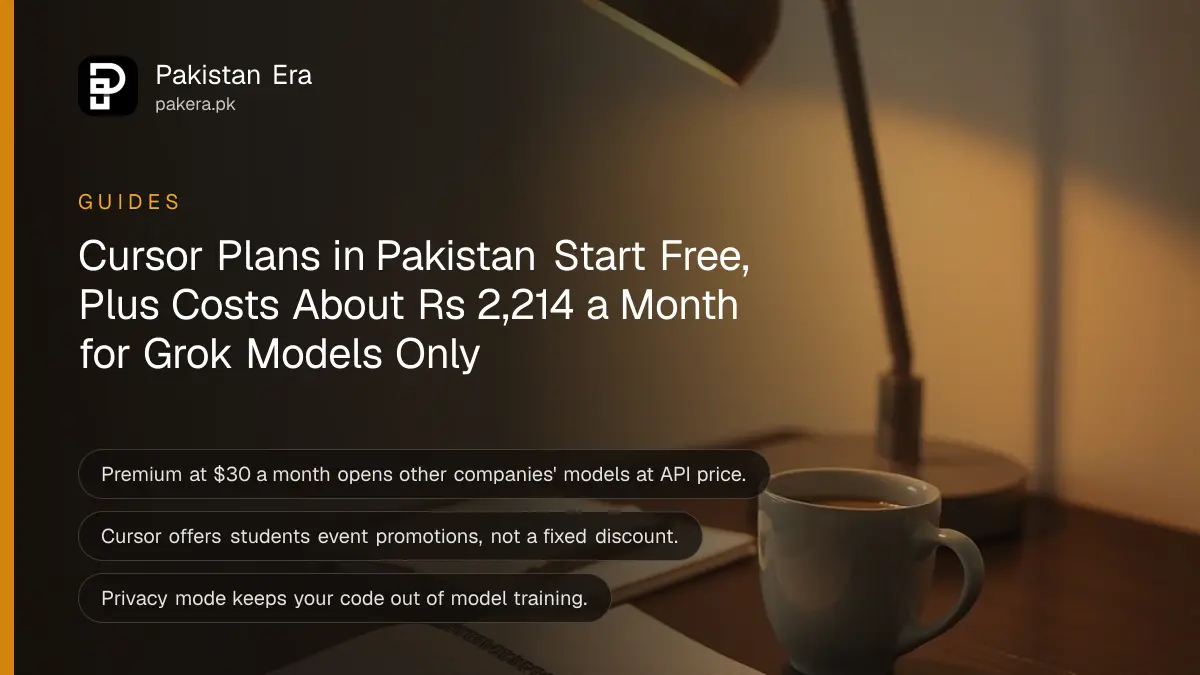 A desk lamp, a mug and a plain notebook on a wooden desk, for the Cursor price in Pakistan