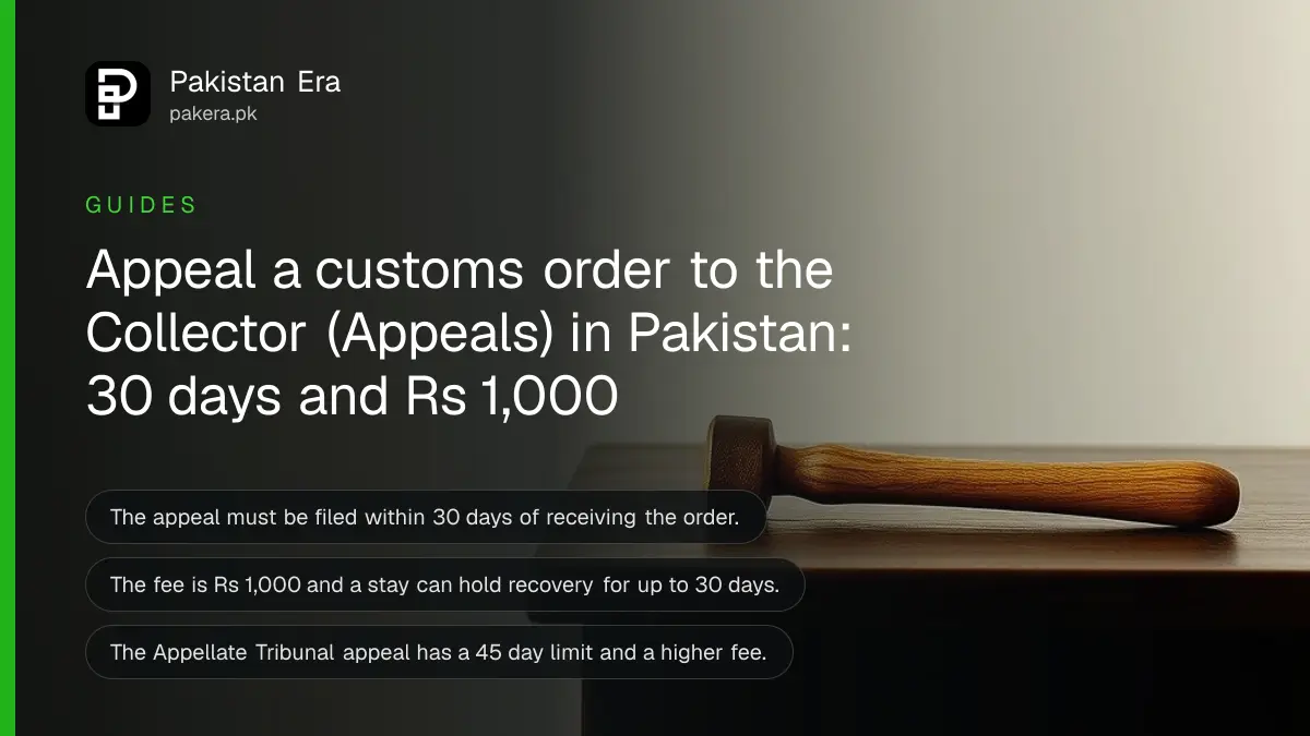 A gavel on a dark wooden table, for a guide to appealing a customs order in Pakistan