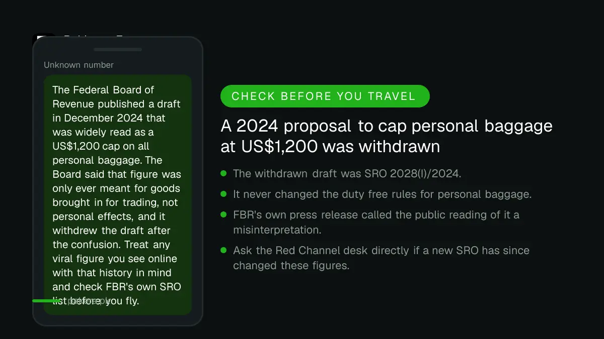 Warning notice that the proposed US$1,200 personal baggage cap from December 2024 was withdrawn by FBR
