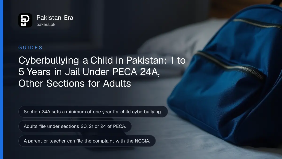 A smartphone lying face up with a dark screen on a neatly made child's bed beside a school bag in soft evening light