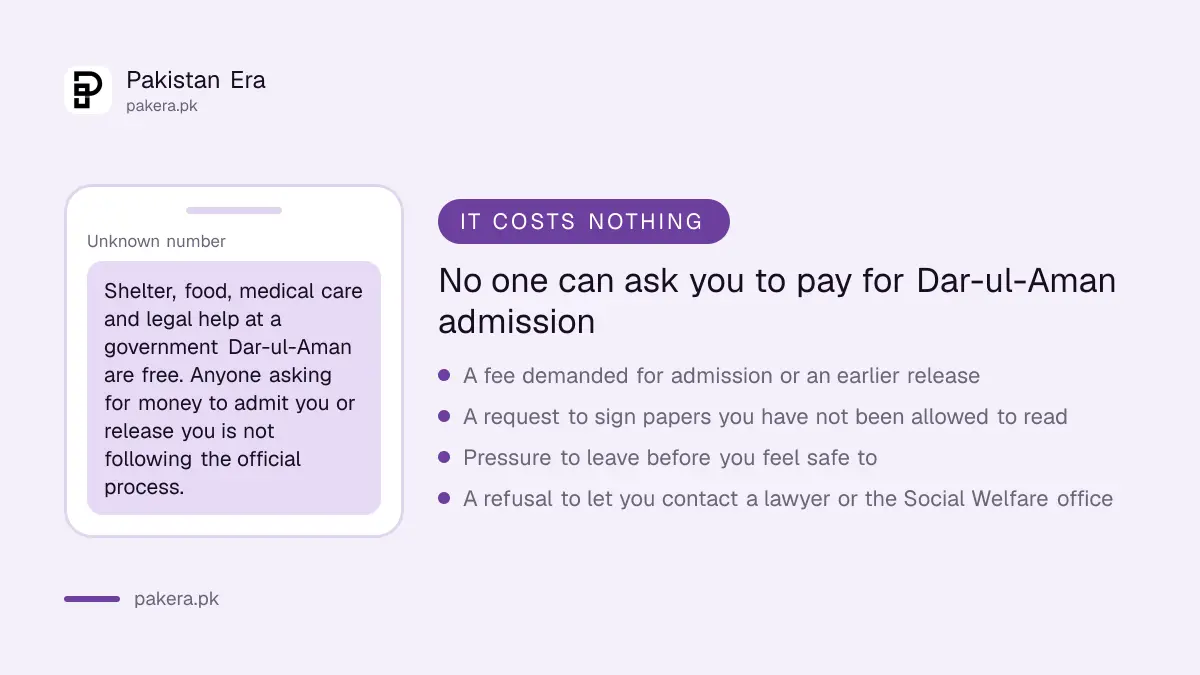 Warning that Dar-ul-Aman admission and stay cost nothing, with the signs of a false process
