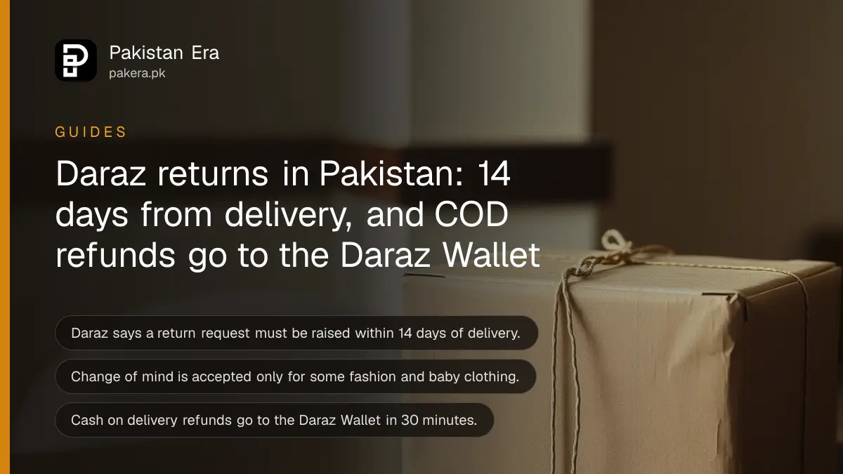 A plain brown cardboard box tied with string on a dark wooden table, for a guide to Daraz returns and refunds