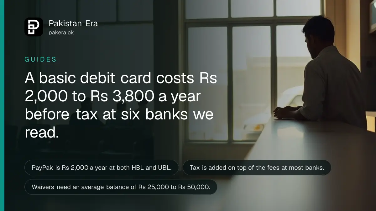 A bank branch counter in Karachi with customers waiting in the background in warm daylight