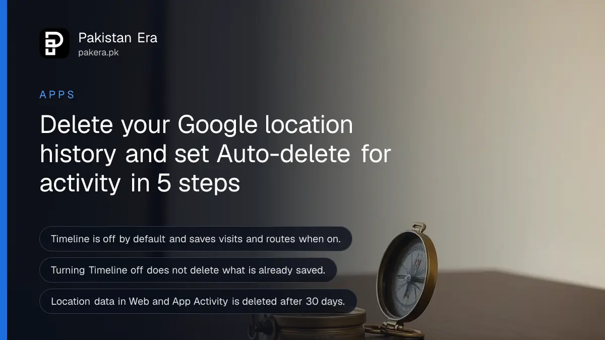 An old brass compass on a dark wooden table against a plain cream wall, for an article on deleting Google location history